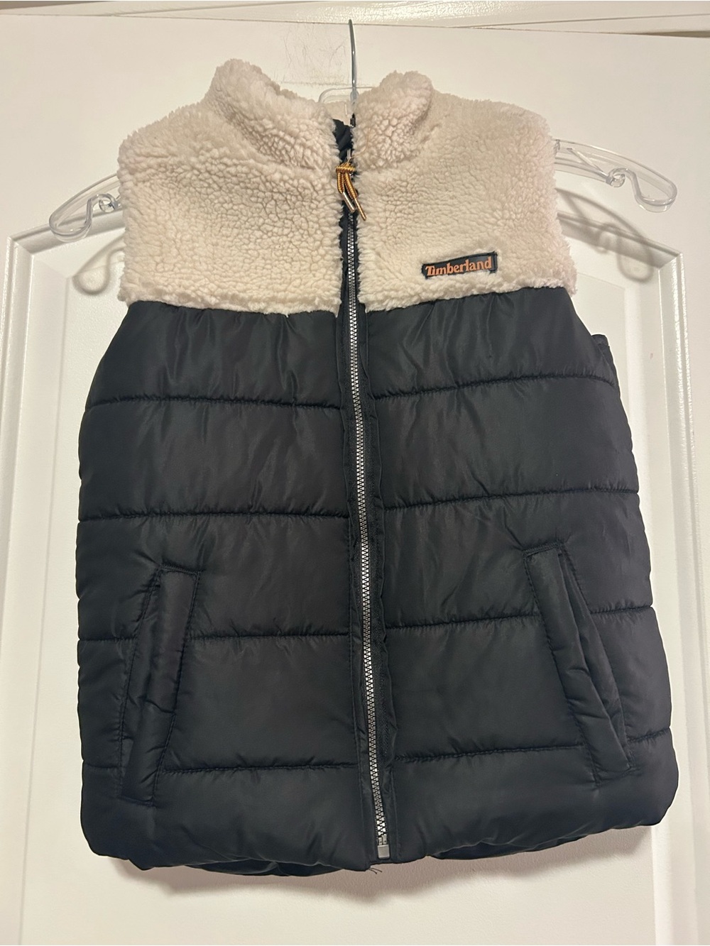 Timberland Black Puffer Vest with Cream Sherpa Collar